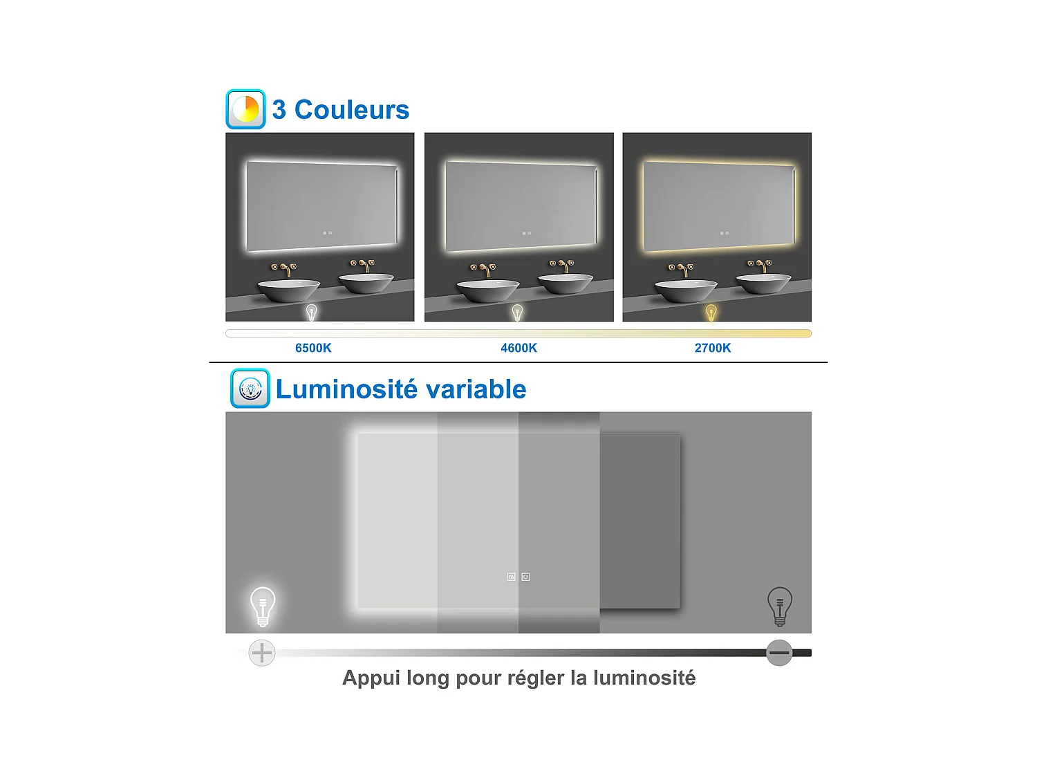 Miroir lumineux 90x70cm avec Anti-buée + 3 Couleurs + Dimmable, Mural Miroir salle de bain