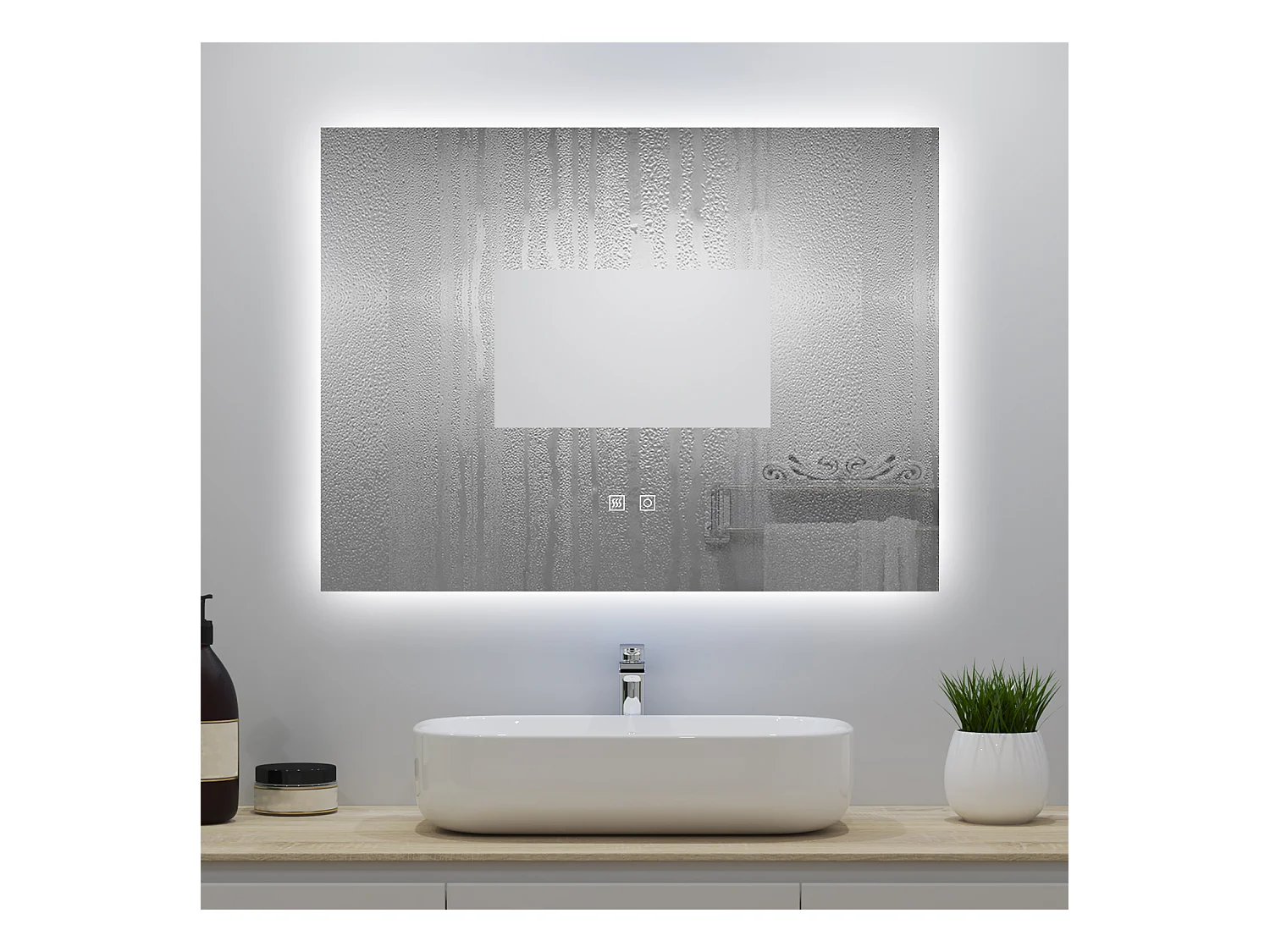 Miroir lumineux 90x70cm avec Anti-buée + 3 Couleurs + Dimmable, Mural Miroir salle de bain