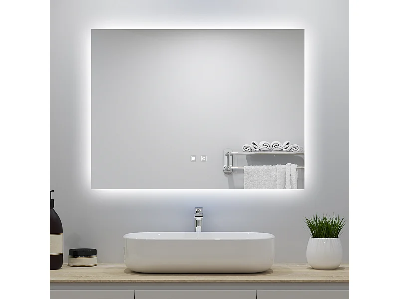 Miroir lumineux 90x70cm avec Anti-buée + 3 Couleurs + Dimmable, Mural Miroir salle de bain