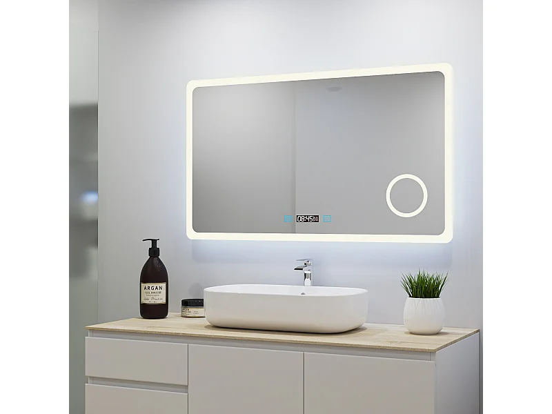 Aica Miroir Lumineux à LED Réglable 120x70cm, Miroir de salle de bain avec éclairage+antibuée+Miroir grossissant+Horloge numérique+3 couleurs