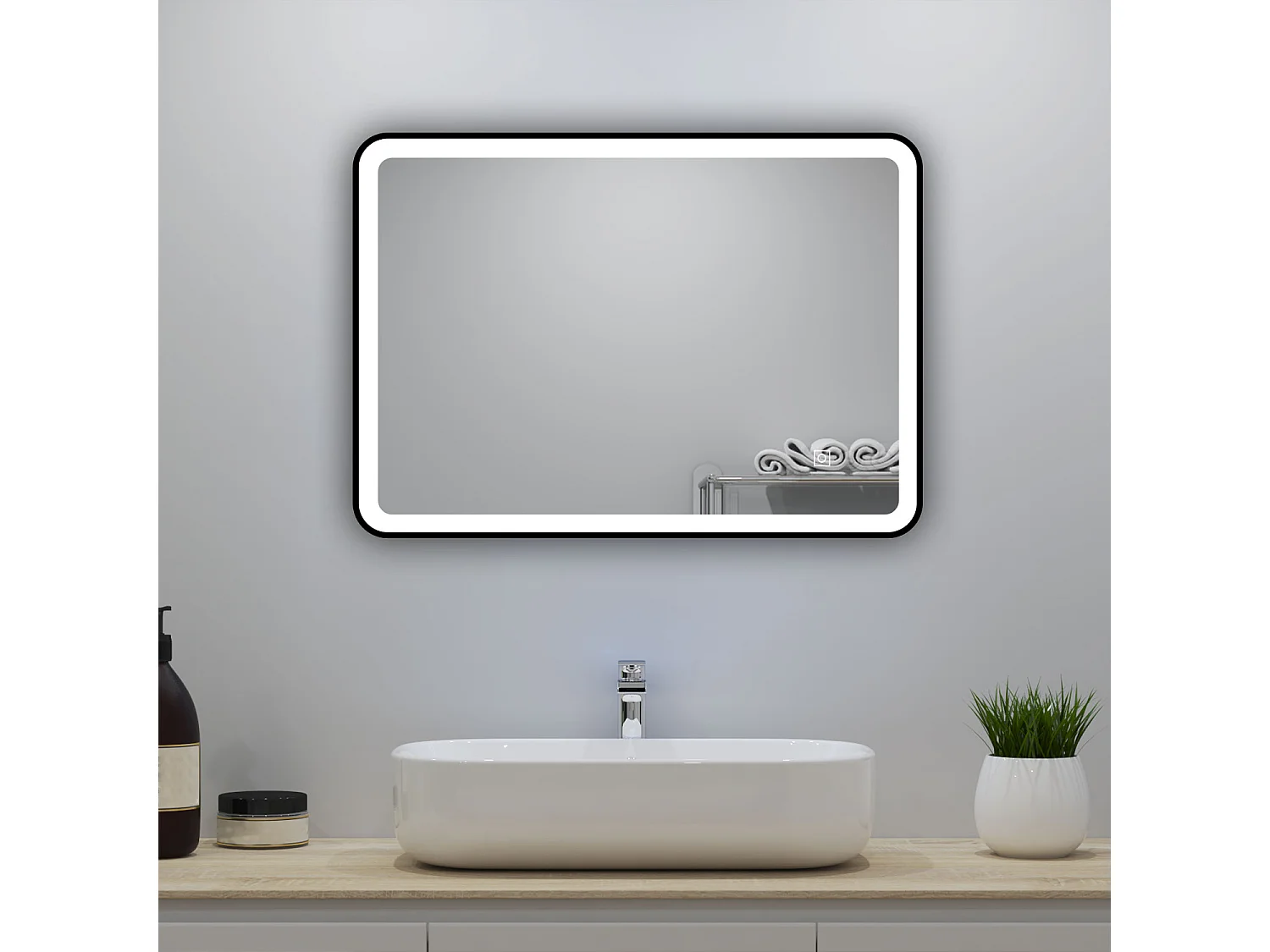 Miroir lumineux 70x50cm avec Anti-buée + 3 Couleurs + Dimmable, Miroir salle de bain