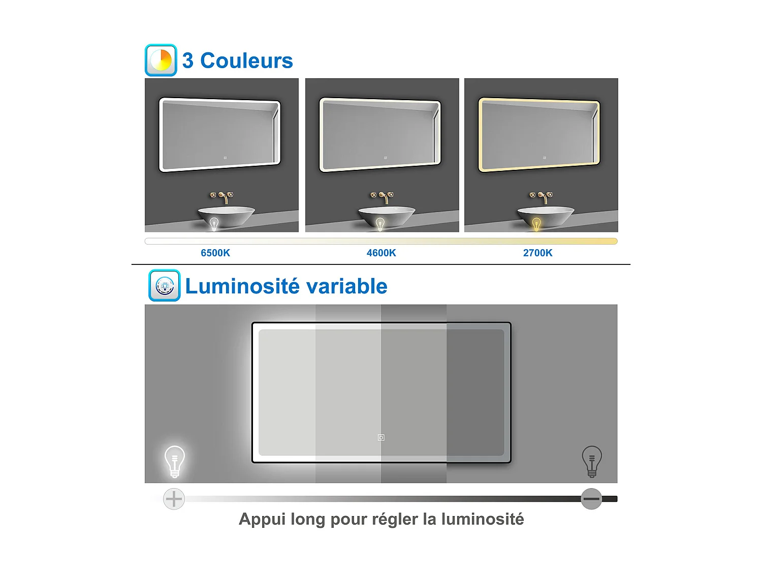 Miroir lumineux 70x50cm avec Anti-buée + 3 Couleurs + Dimmable, Miroir salle de bain