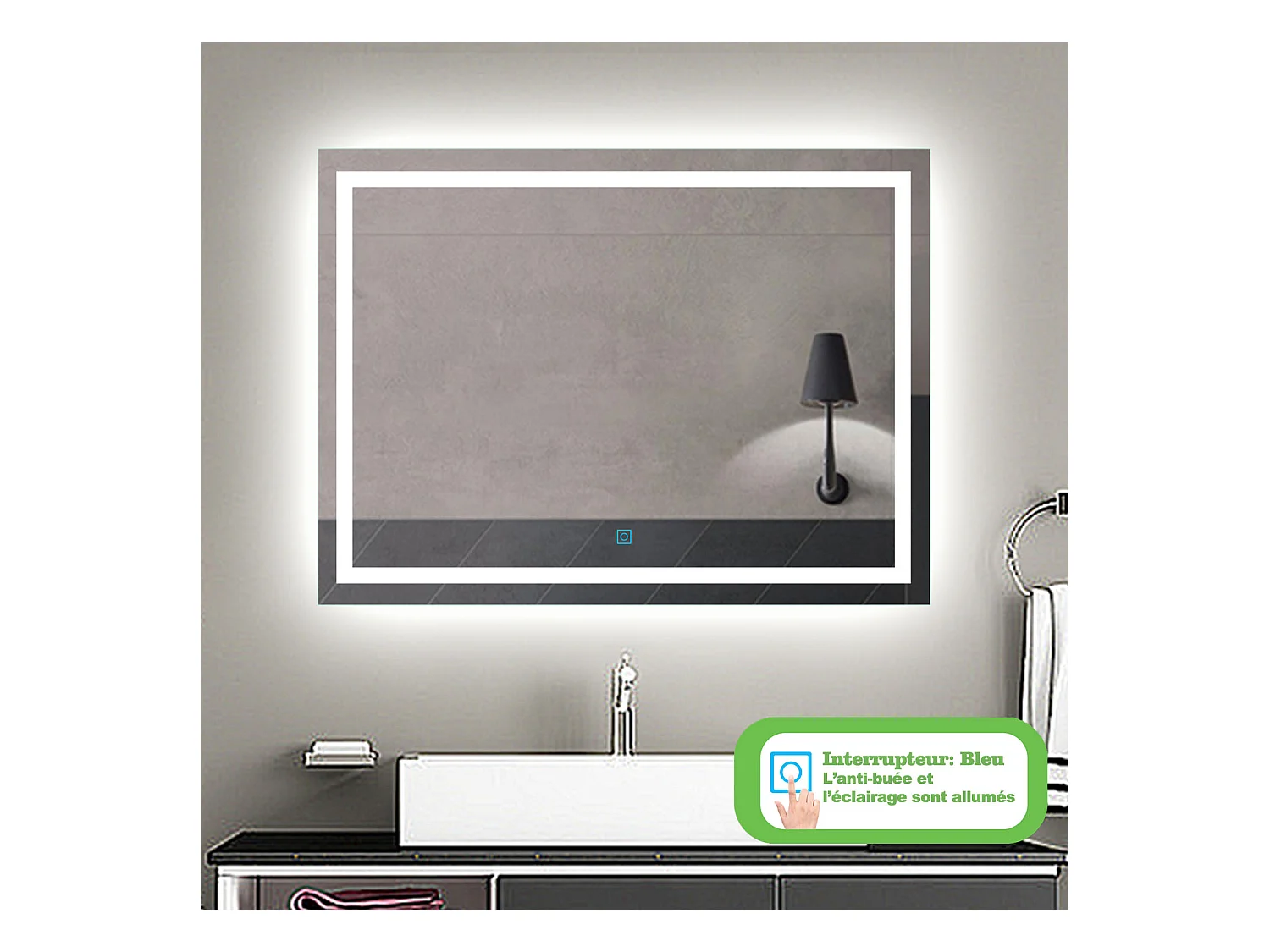 Aica Miroir Led Anti-buée 100x80cm Miroir De Salle De Bain Modèle Classique