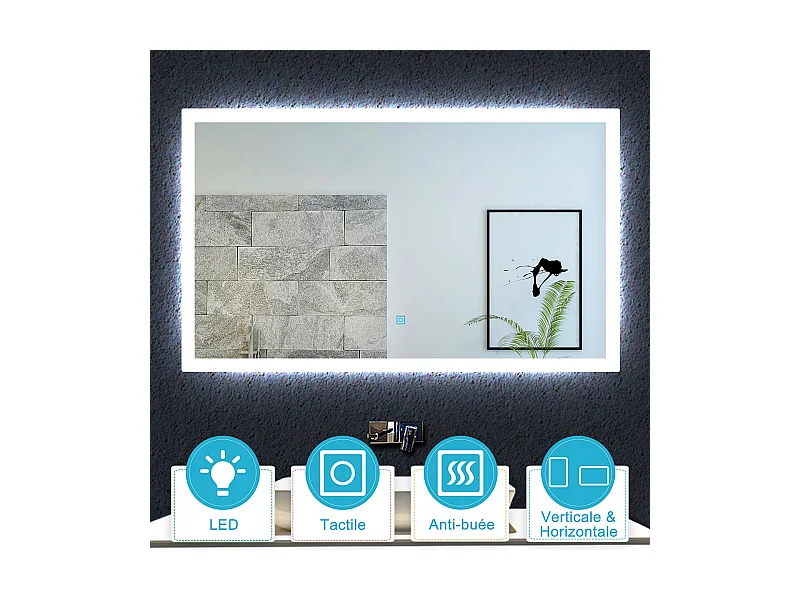 Aica Miroir lumineux avec éclairage intégré avec anti-buée, Modèle soleil 90x70cm