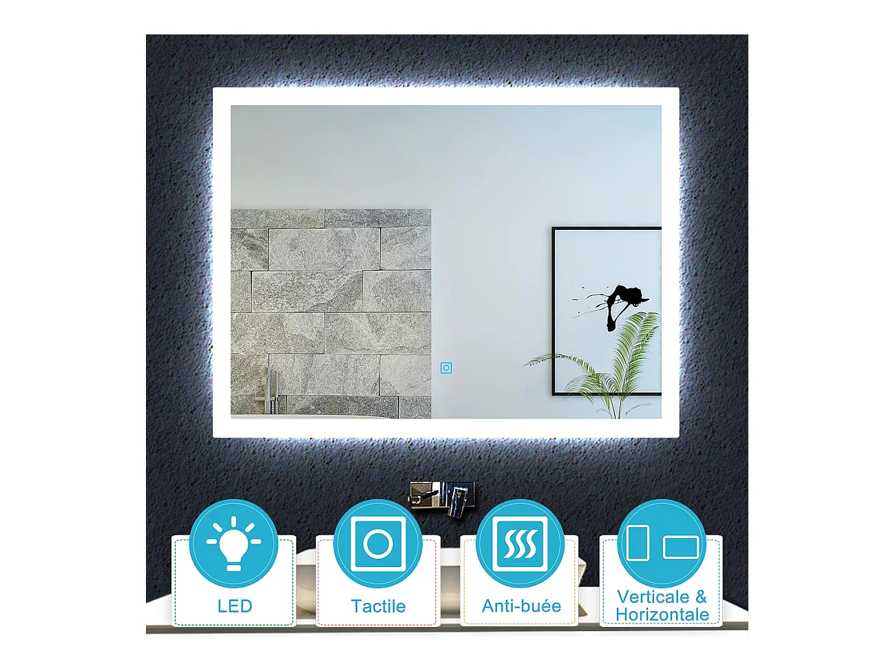 Aica Miroir lumineux avec éclairage intégré avec anti-buée, Modèle soleil 60x50cm