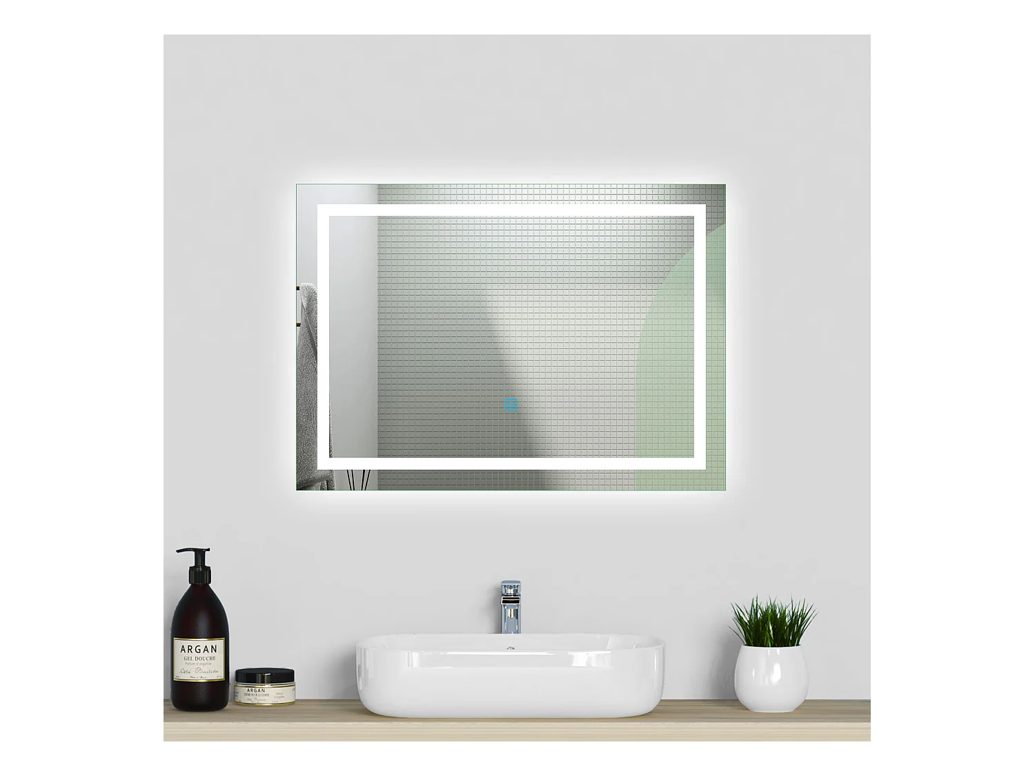 Miroir lumineux l.90 x H.60cm avec Anti-buée, Mural Miroir salle de bain - Aica