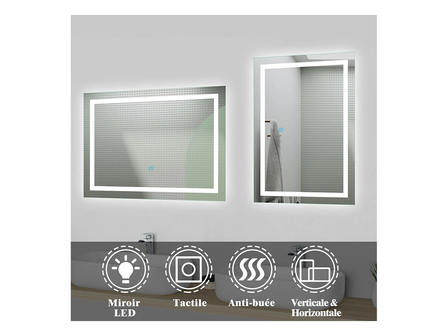 Miroir lumineux l.90 x H.60cm avec Anti-buée, Mural Miroir salle de bain - Aica