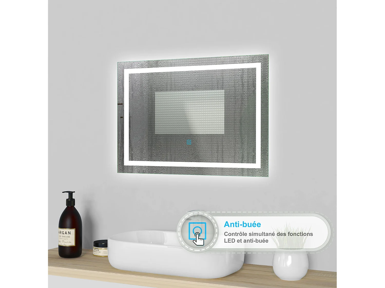 Miroir lumineux l.90 x H.60cm avec Anti-buée, Mural Miroir salle de bain - Aica