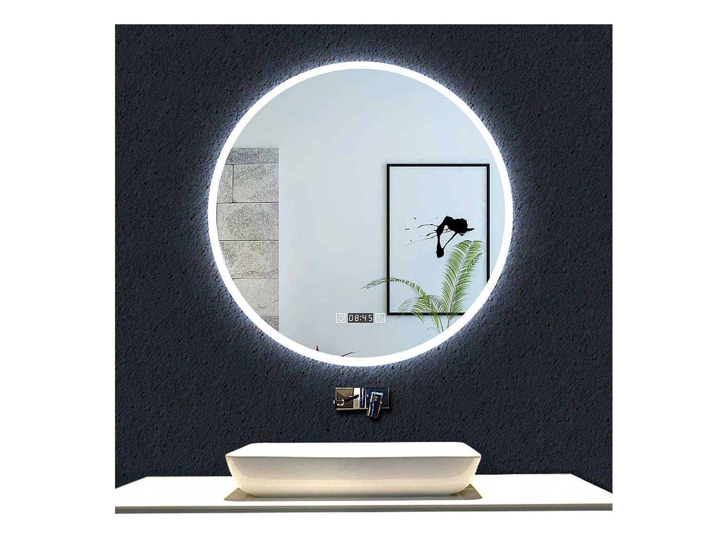 Aica Miroir Lumineux de Salle de Bain Rond 60cm avec Horloge+3 Couleurs+Dimmable+Anti-buée