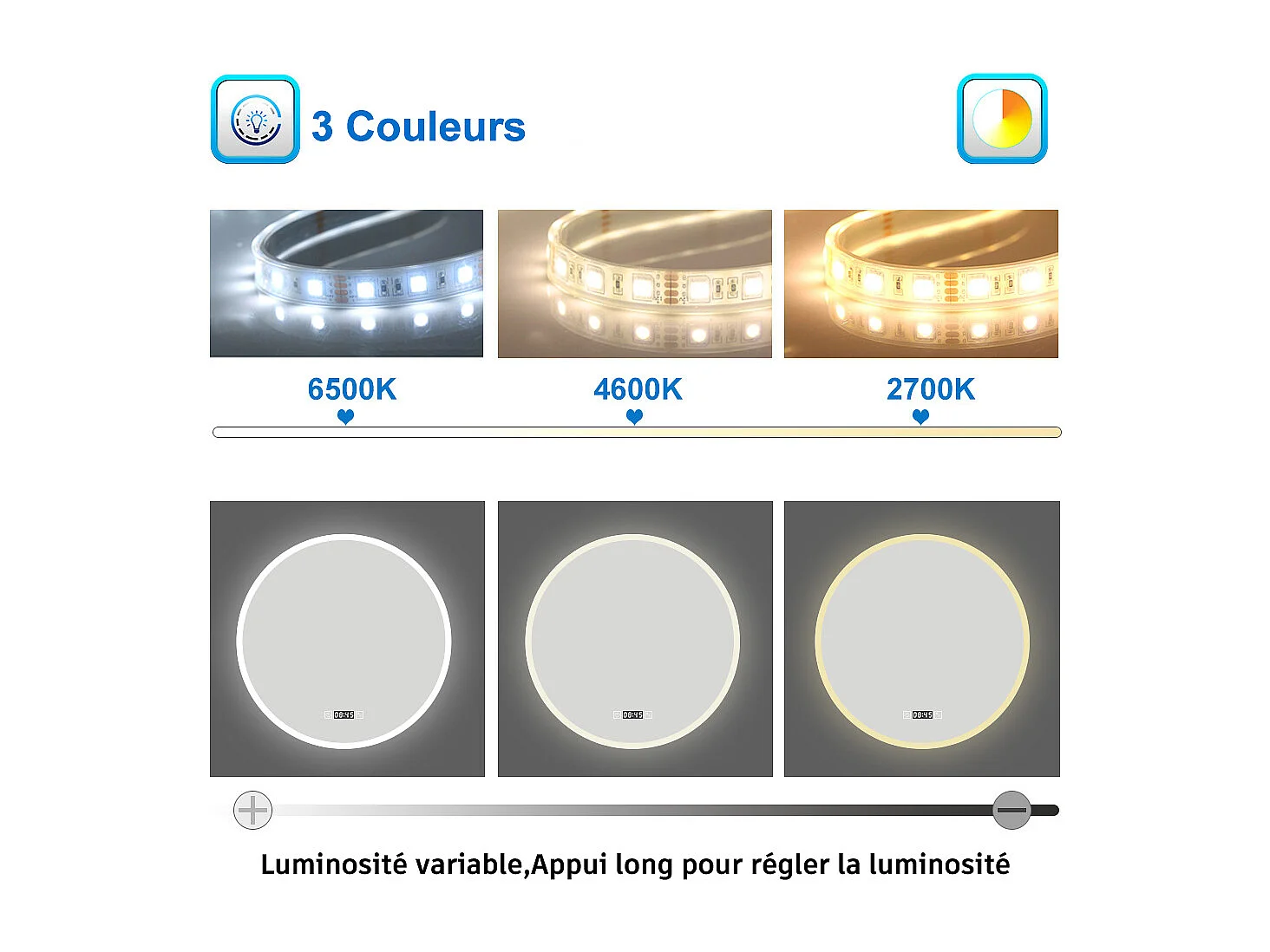 Aica Miroir Lumineux de Salle de Bain Rond 60cm avec Horloge+3 Couleurs+Dimmable+Anti-buée