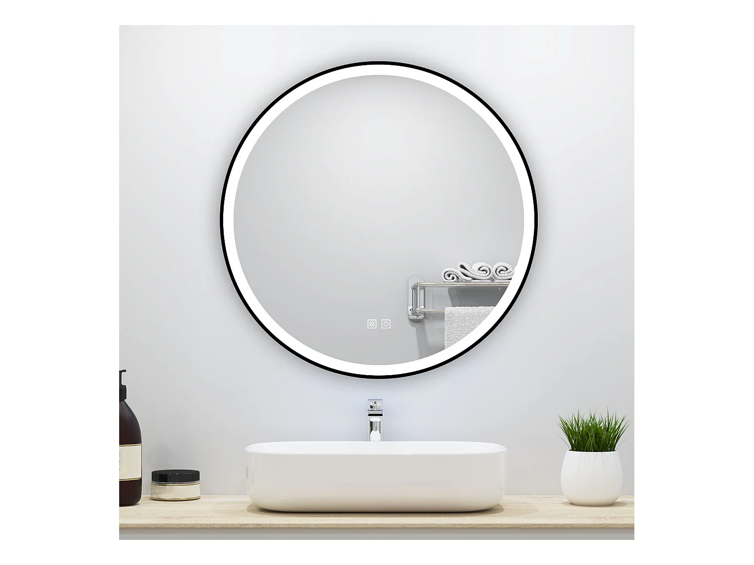 Miroir lumineux rond 60x60cm avec Anti-buée + 3 Couleurs + Dimmable, Mural Miroir salle de bain rond