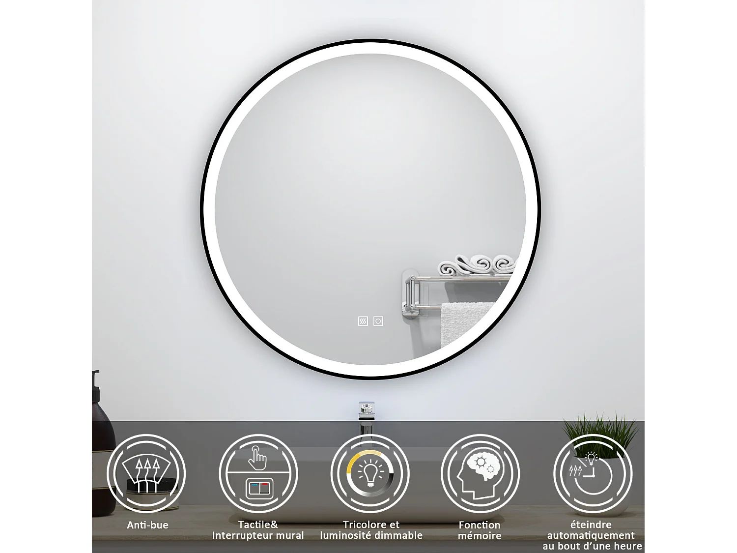 Miroir lumineux rond 60x60cm avec Anti-buée + 3 Couleurs + Dimmable, Mural Miroir salle de bain rond