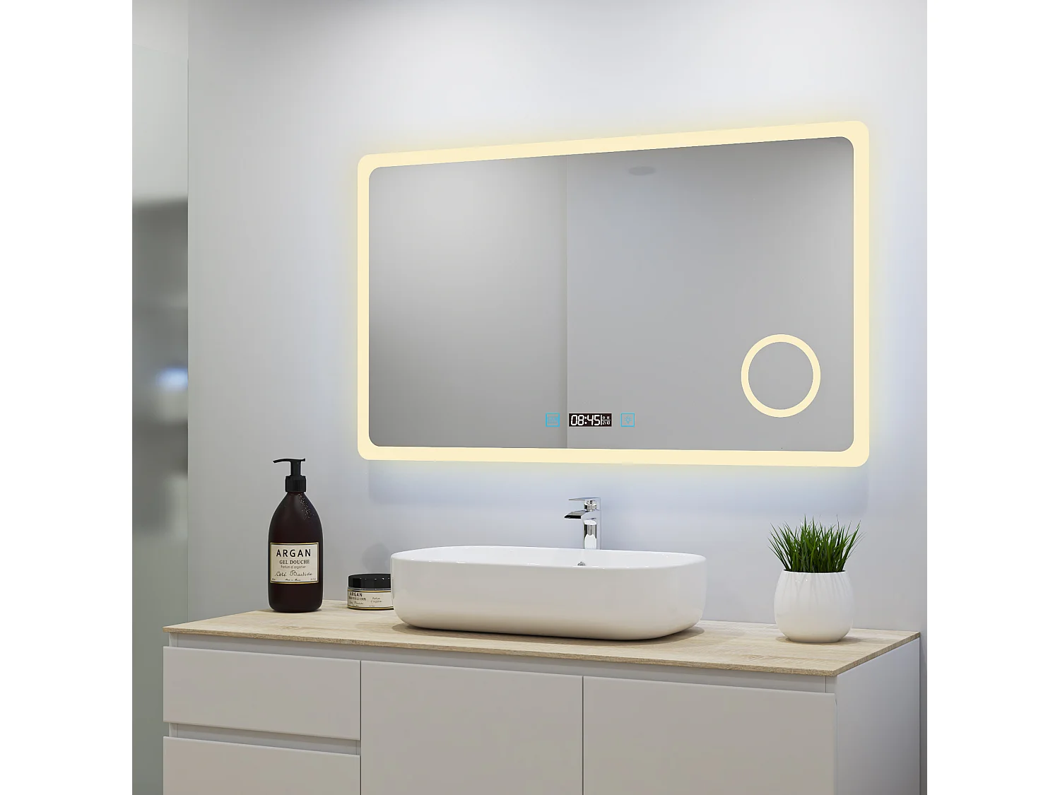 Aica Miroir Lumineux à LED Réglable 80x60cm, Miroir antibuée de salle de bain avec éclairage +Miroir grossissant+Horloge numérique+3 couleurs