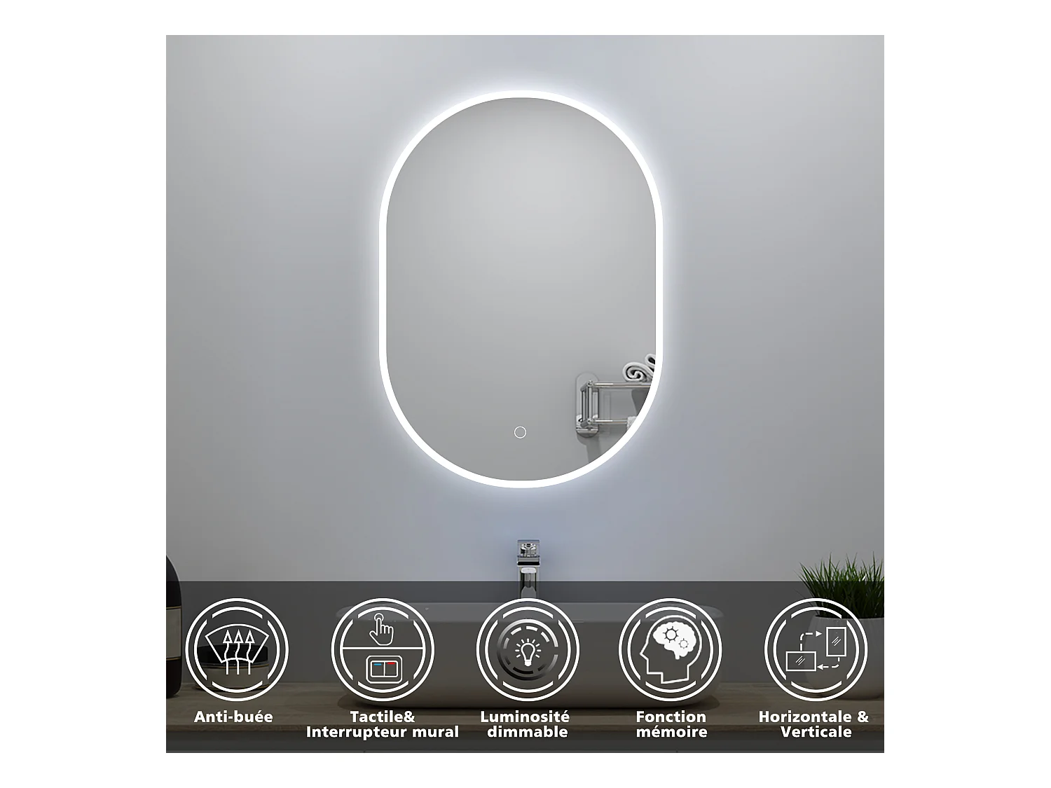 Miroir lumineux ovale l.50 x H.80cm avec Anti-buée + Dimmable, Mural Miroir salle de bain