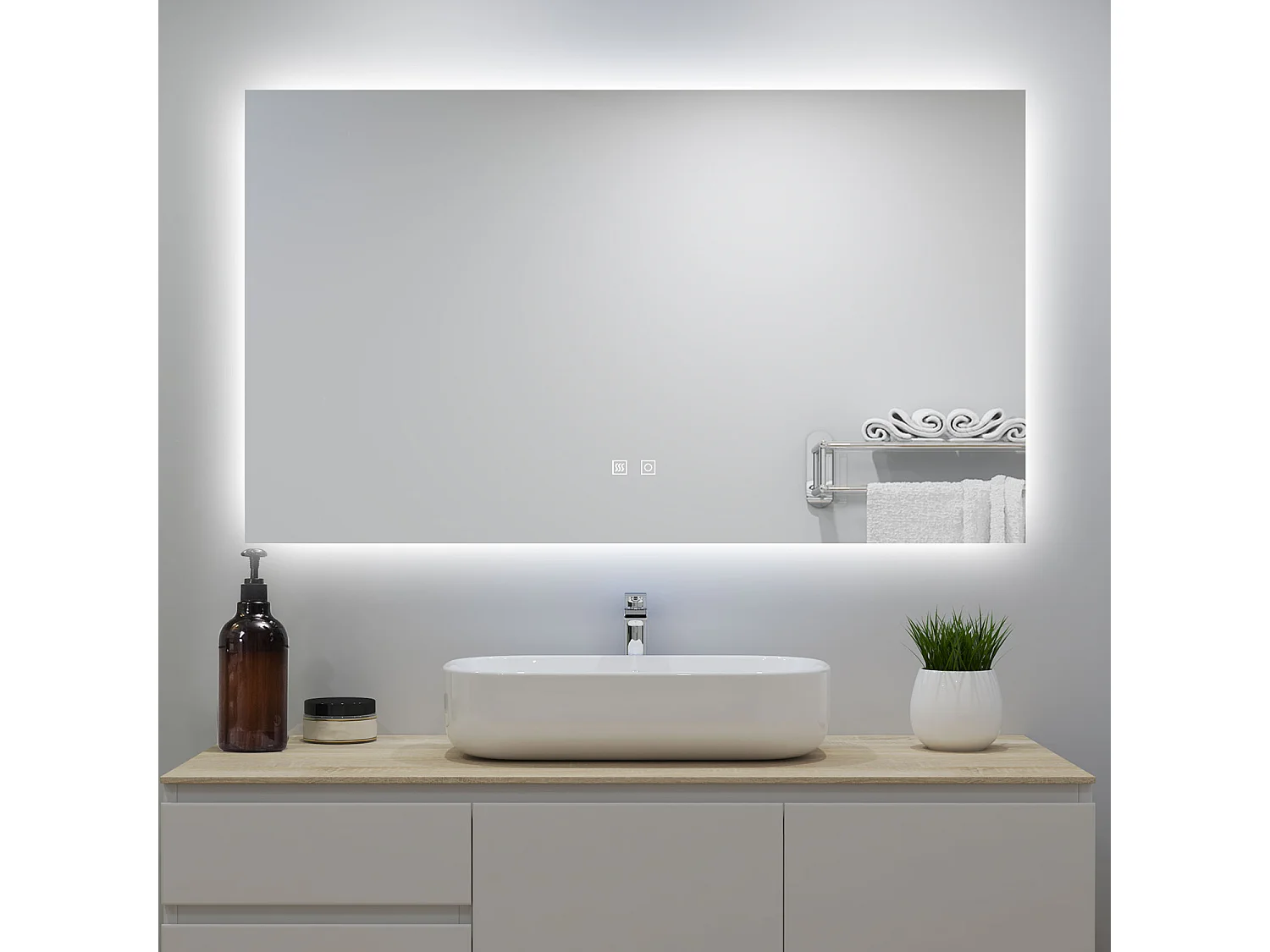 Miroir lumineux 120x70cm avec Anti-buée + 3 Couleurs + Dimmable, Mural Miroir salle de bain