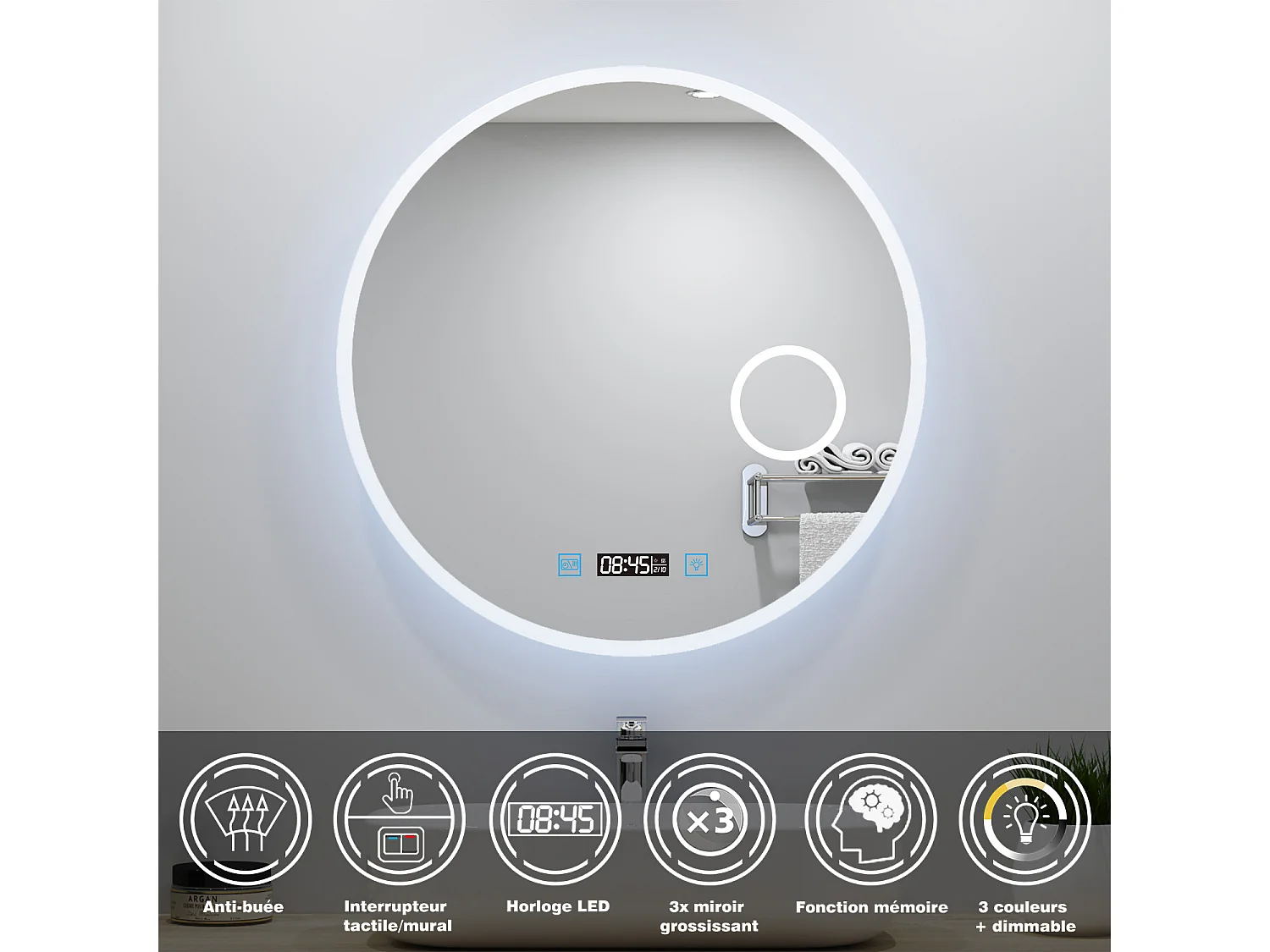 Miroir lumineux Rond 80cm avec Horloge + 3 Couleurs + Dimmable + Anti-buée + grossissant 3x