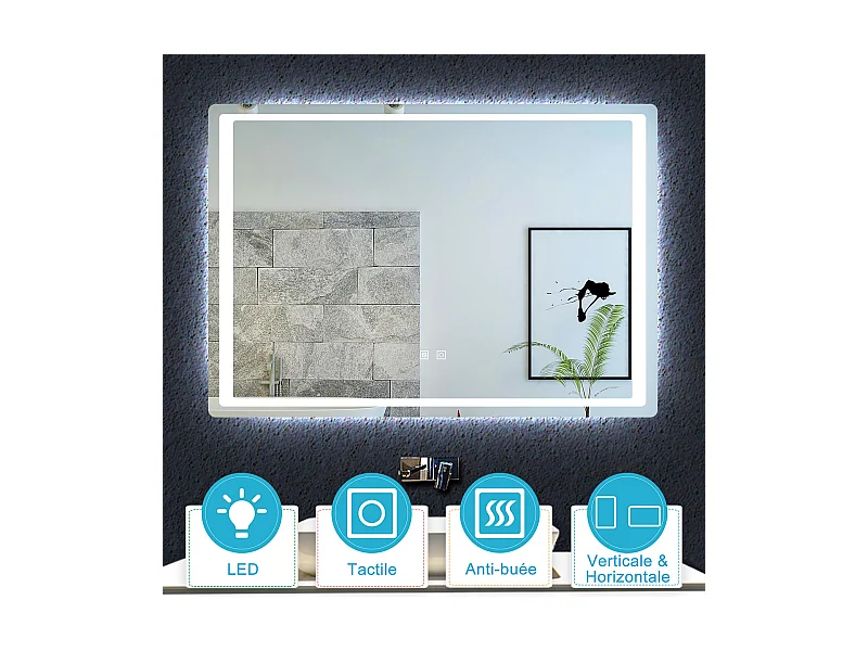 Aica Miroir Led 90x70cm Anti-buée Avec 2 Interrupteurs, Miroir De Salle De Bain Modèle Classique