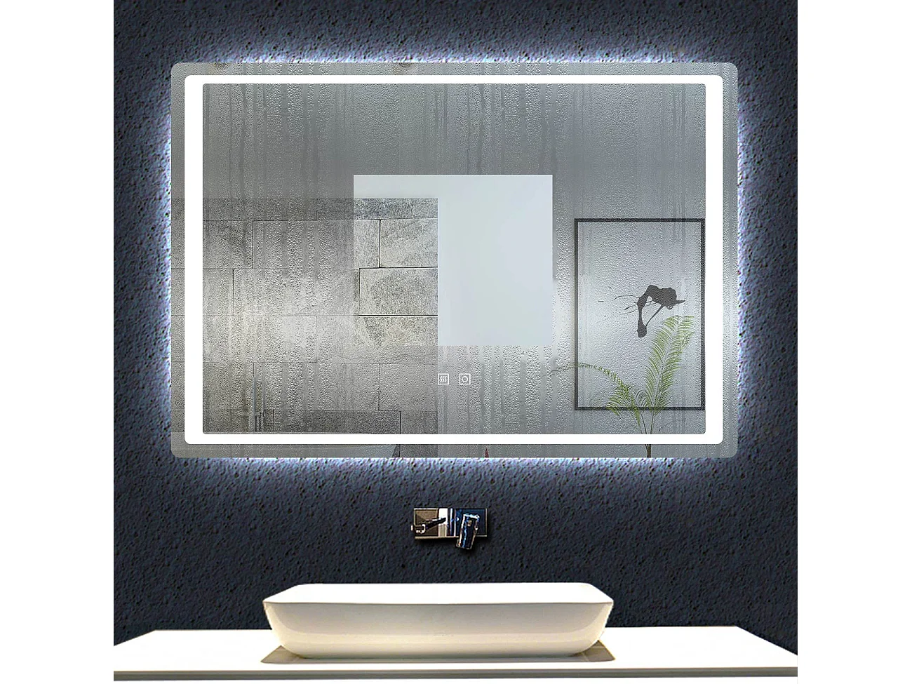 Aica Miroir Led 90x70cm Anti-buée Avec 2 Interrupteurs, Miroir De Salle De Bain Modèle Classique