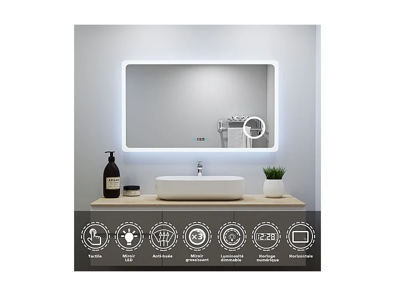 Aica Miroir Lumineux à LED Réglable 160x80cm, Miroir de salle de bain avec éclairage+antibuée+Miroir grossissant+Horloge numérique+3 couleurs