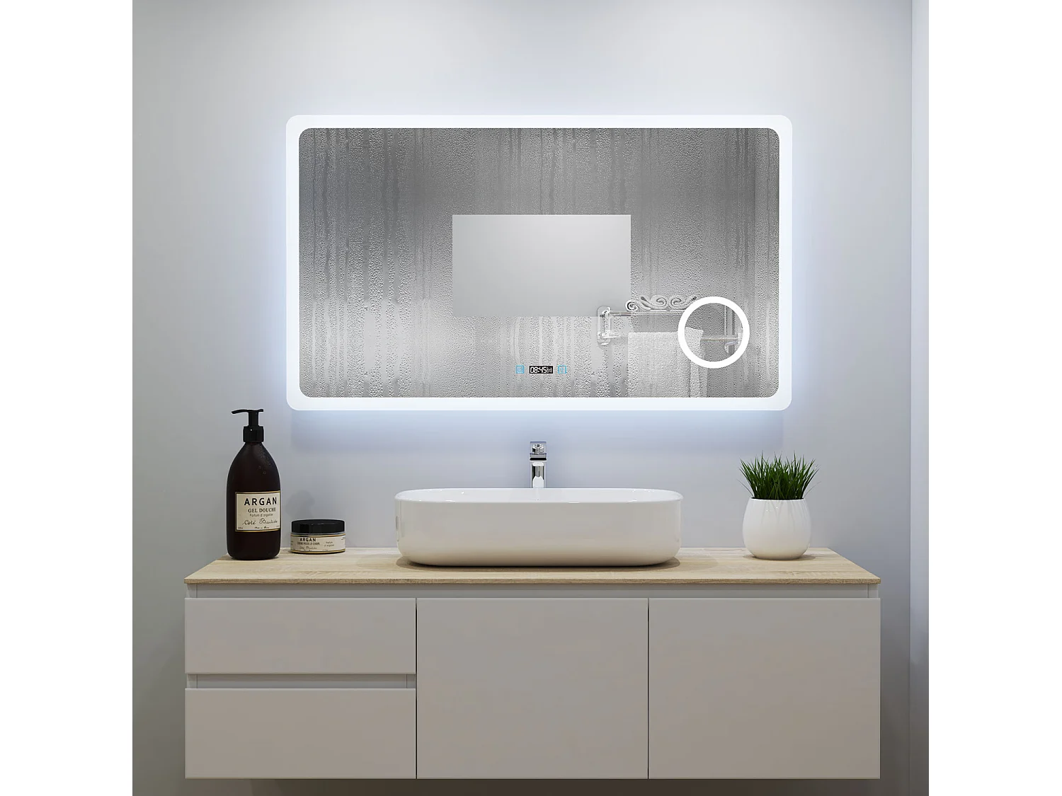 Aica Miroir Lumineux à LED Réglable 160x80cm, Miroir de salle de bain avec éclairage+antibuée+Miroir grossissant+Horloge numérique+3 couleurs