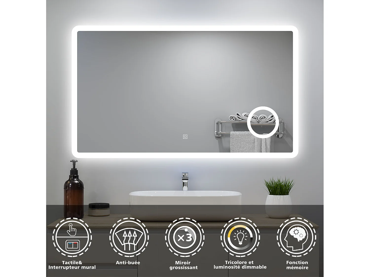 Miroir lumineux 160x80cm avec Anti-buée + 3 Couleurs + Dimmable + grossissant 3x, Mural Miroir salle de bain