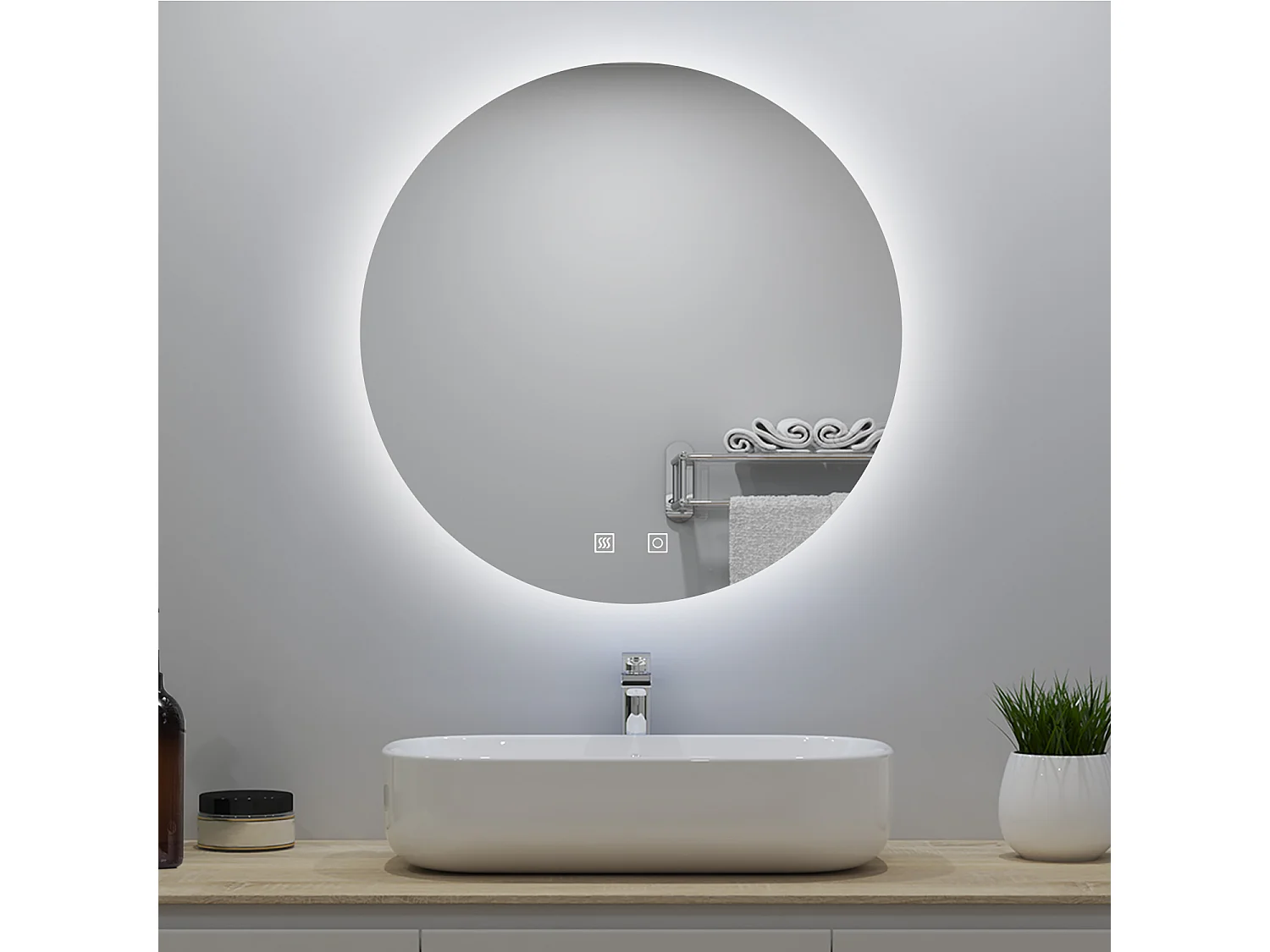 Miroir lumineux rond 60x60cm avec Anti-buée + 3 Couleurs + Dimmable, Mural Miroir salle de bain