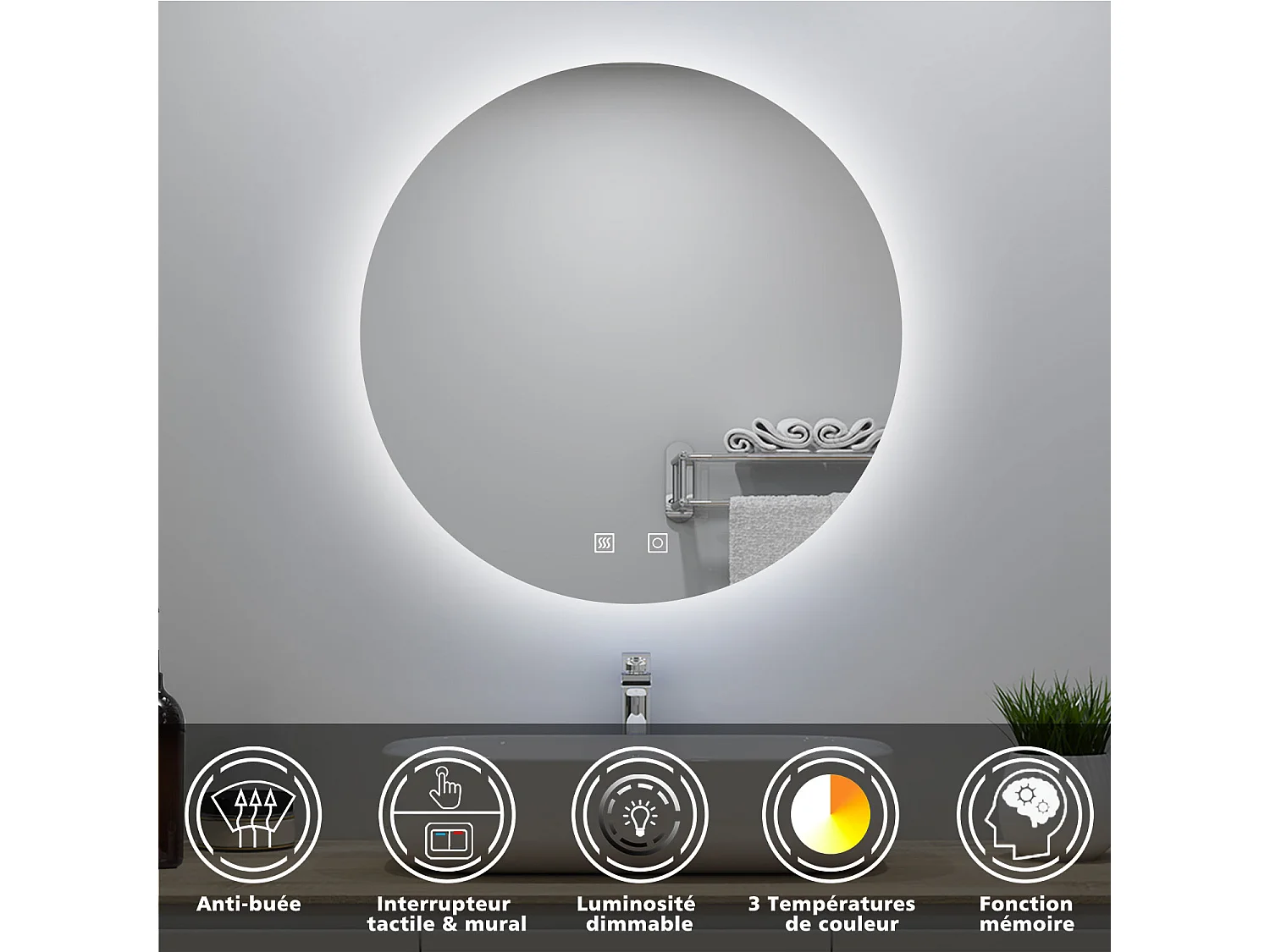 Miroir lumineux rond 60x60cm avec Anti-buée + 3 Couleurs + Dimmable, Mural Miroir salle de bain