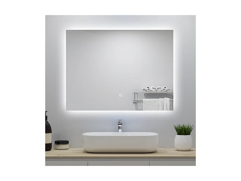 Miroir lumineux 90x70cm avec Anti-buée + Dimmable, Mural Miroir salle de bain