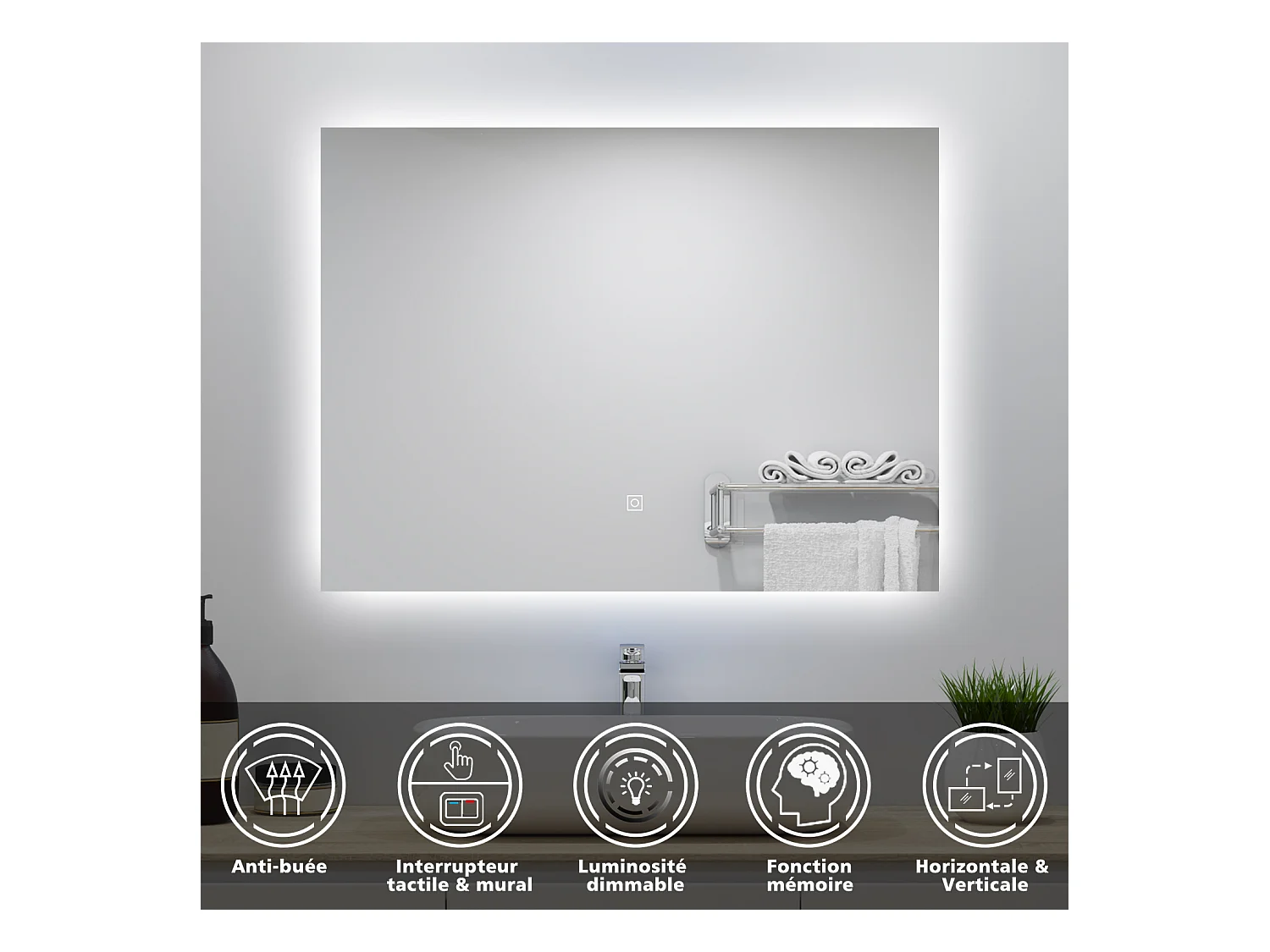 Miroir lumineux 90x70cm avec Anti-buée + Dimmable, Mural Miroir salle de bain