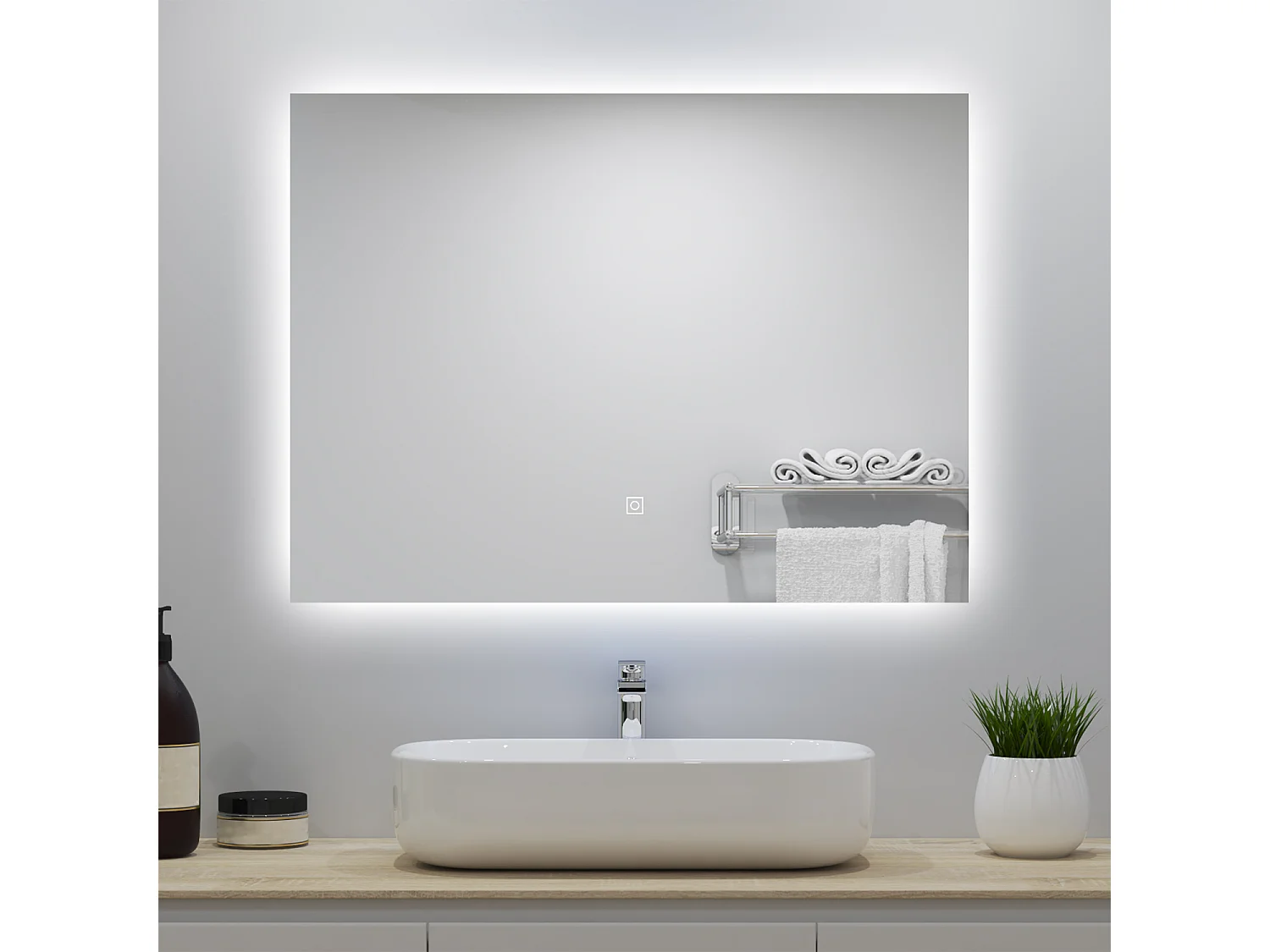 Miroir lumineux 90x70cm avec Anti-buée + Dimmable, Mural Miroir salle de bain
