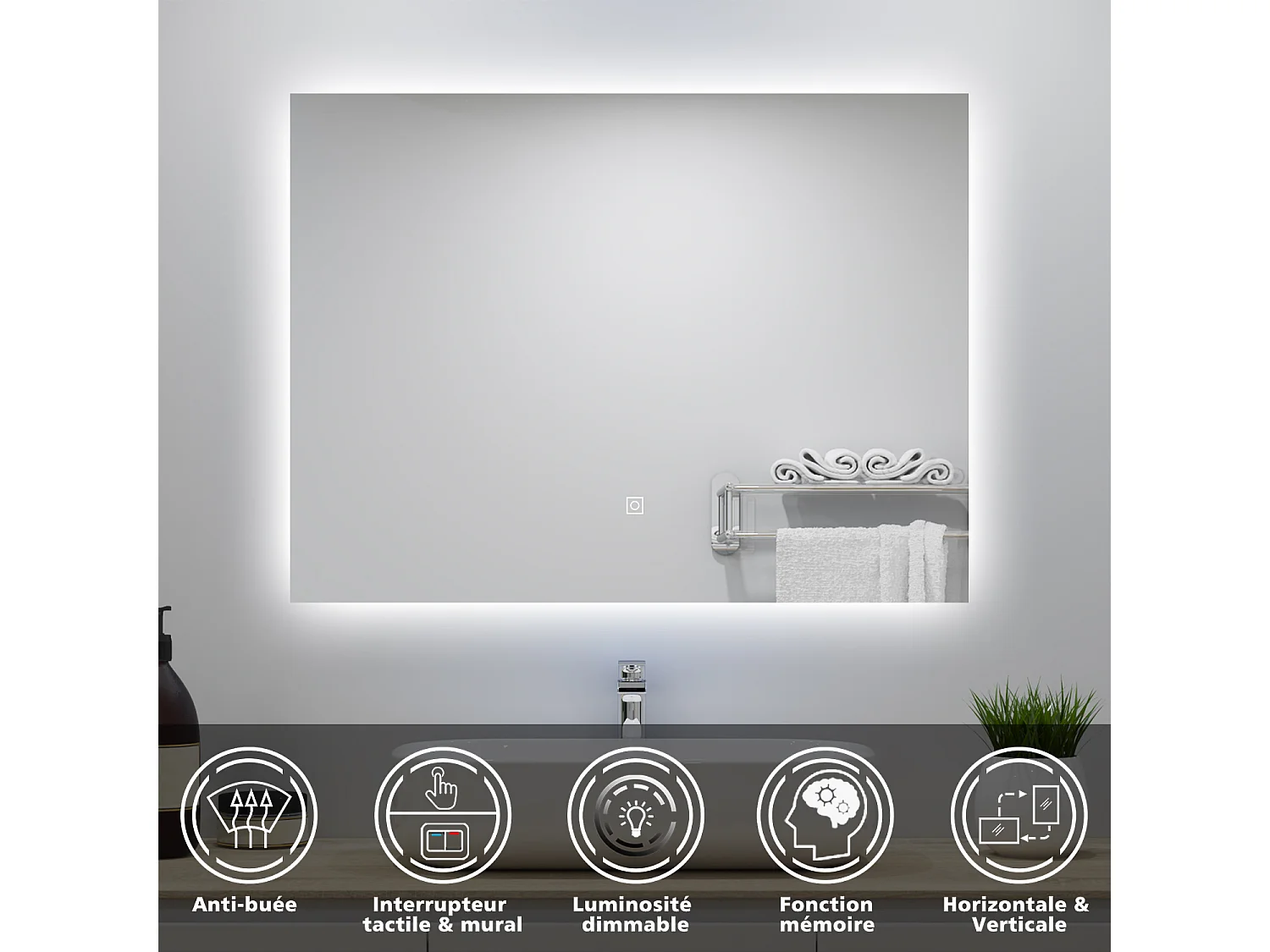 Miroir lumineux 90x70cm avec Anti-buée + Dimmable, Mural Miroir salle de bain