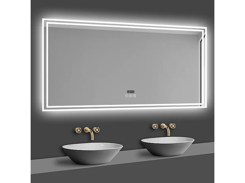 Miroir lumineux avec Bluetooth 80 x 60cm, Miroir de Salle de Bain LED avec Horloge + 3 Couleurs + Dimmable + Anti-buée, Miroir IP44