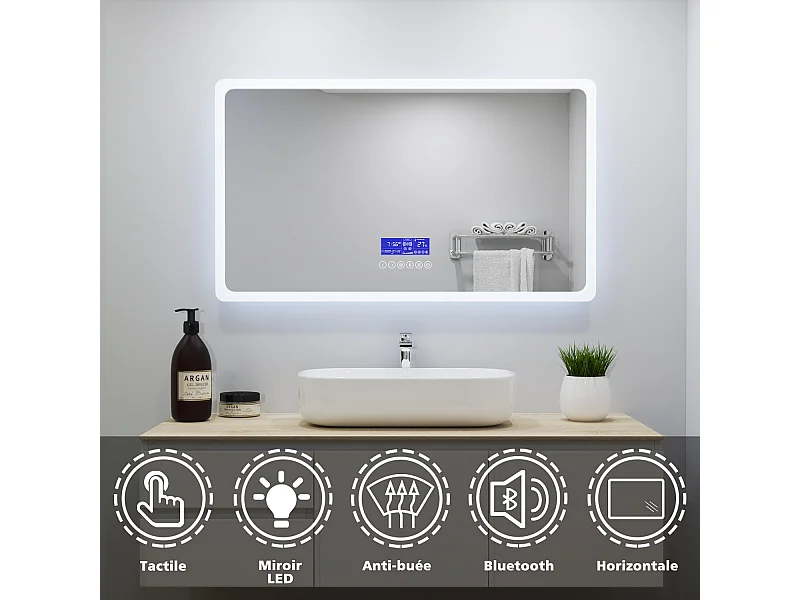 Aica Miroir Lumineux à LED Réglable Intelligent 140x80cm, Miroir de salle de bain avec éclairage intégré + antibuée + Miroir grossissant + Bluetooth