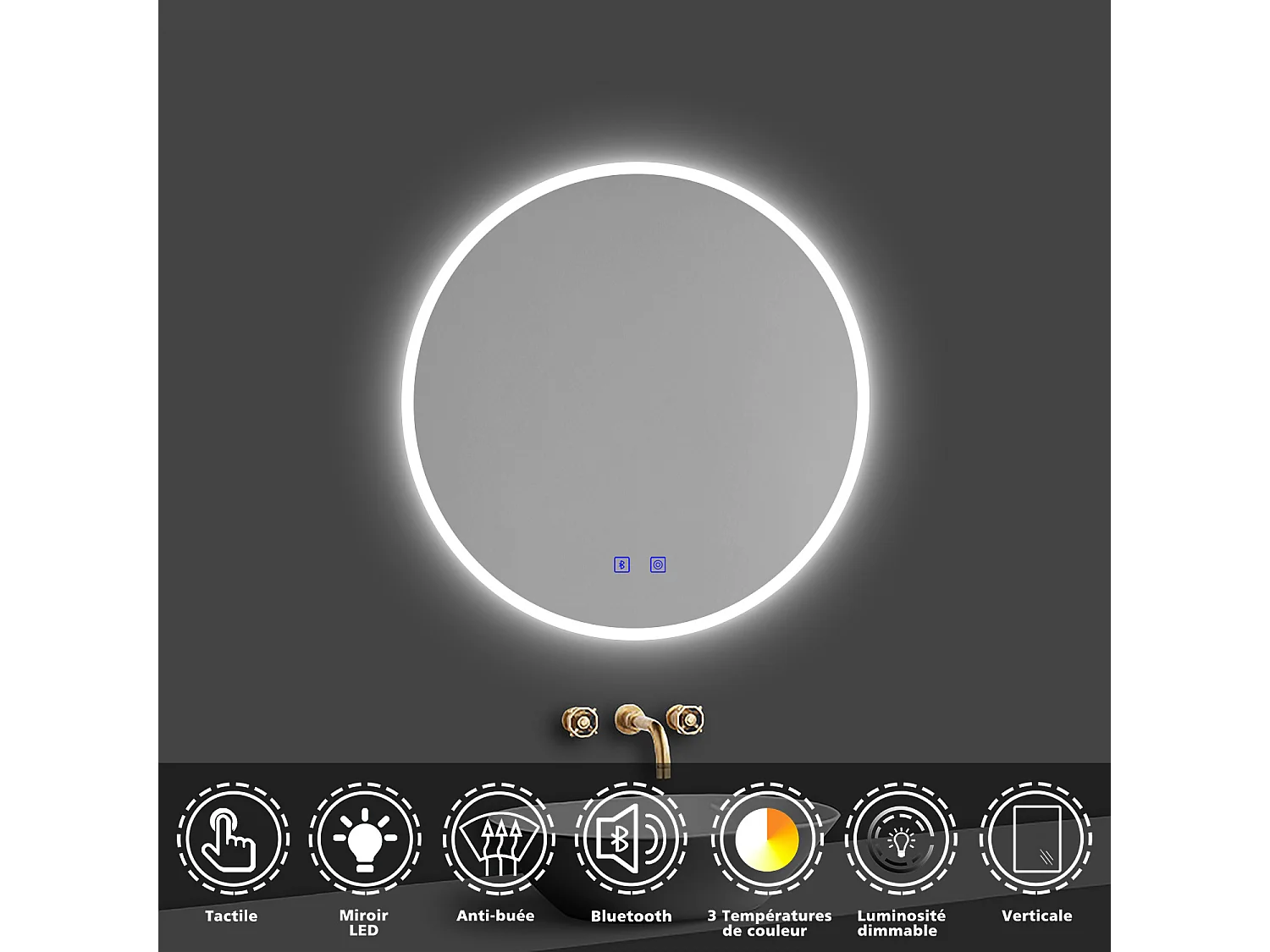 Aica Miroir de Salle de Bain LED Rond 70cm avec Bluetooth + Anti-buée + 3 Couleurs + Dimmable, Mural Miroir Lumineux