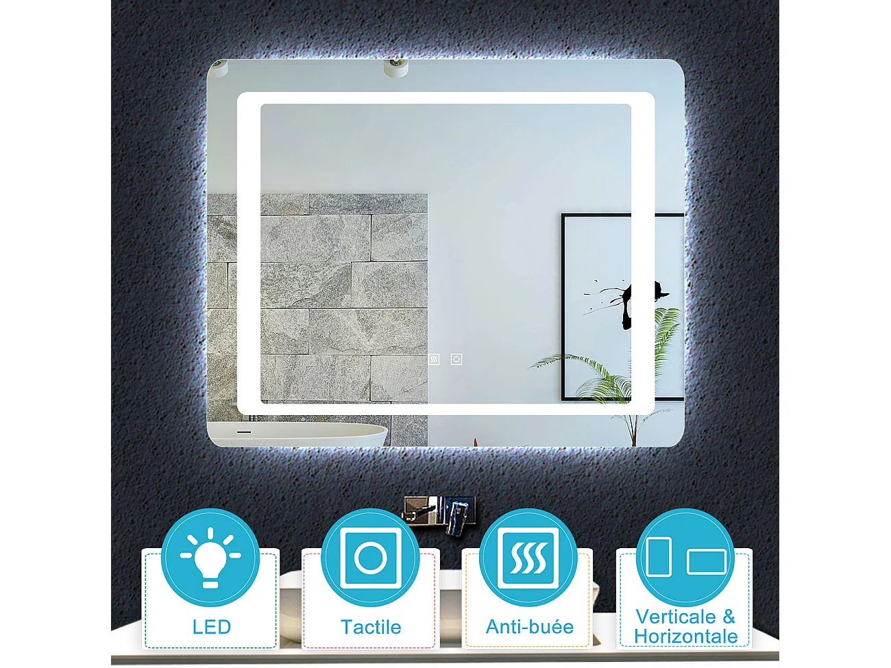 Aica Miroir Led 100x60cm Anti-buée Avec 2 Interrupteurs, Miroir De Salle De Bain Modèle Classique