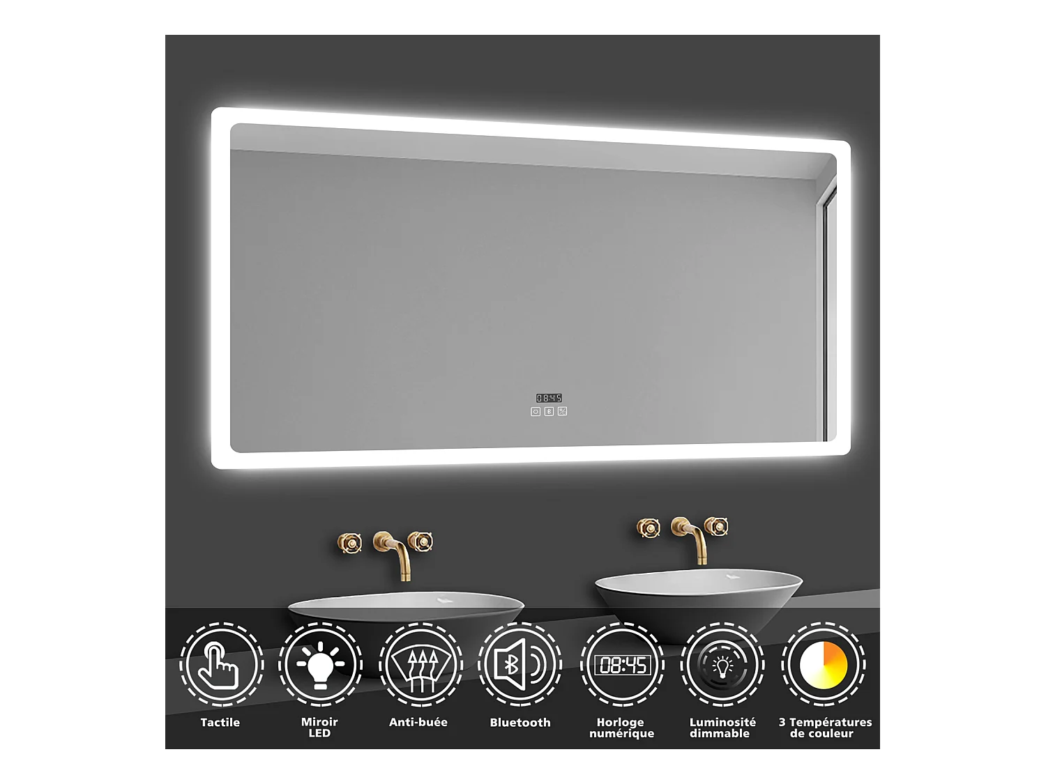 Miroir lumineux l.160 x H.80 cm avec Bluetooth + Anti-buée + 3 Couleurs + Horloge , Miroir de Salle de Bain LED, Mural Miroir