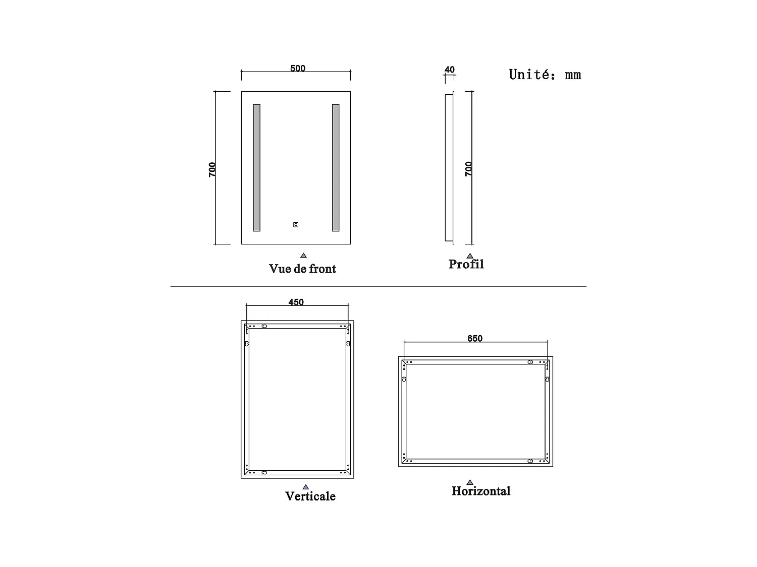 50x70cm Miroir de salle de bain, commutateur tactile, avec fonction LED et anti-buée, Modèle Baguette