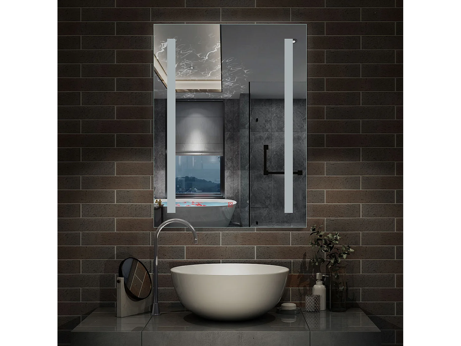 50x70cm Miroir de salle de bain, commutateur tactile, avec fonction LED et anti-buée, Modèle Baguette