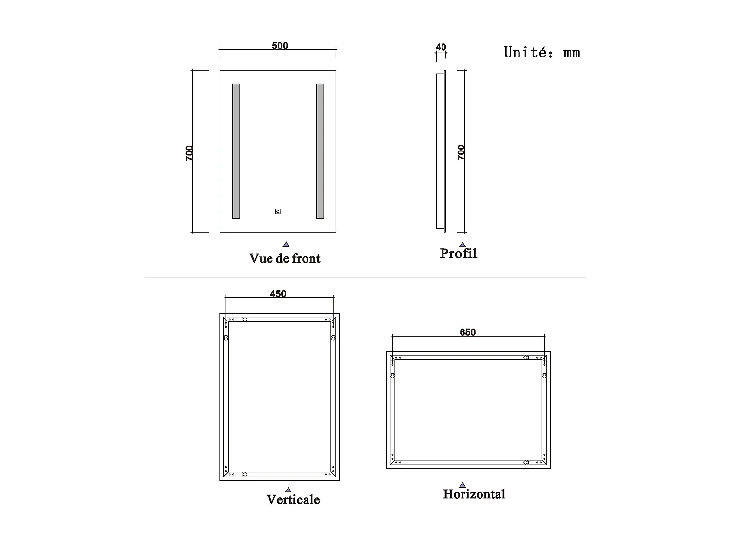 50x70cm Miroir de salle de bain, commutateur tactile, avec fonction LED et anti-buée, Modèle Baguette