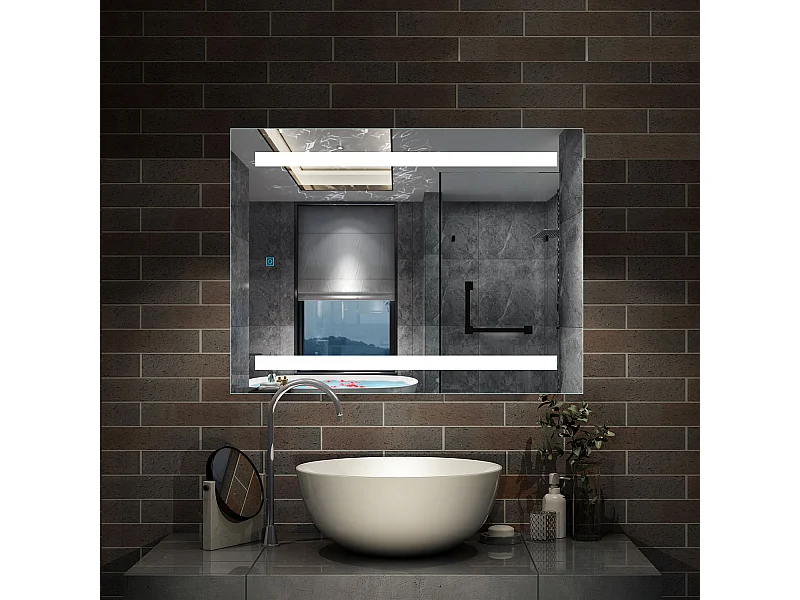 50x70cm Miroir de salle de bain, commutateur tactile, avec fonction LED et anti-buée, Modèle Baguette