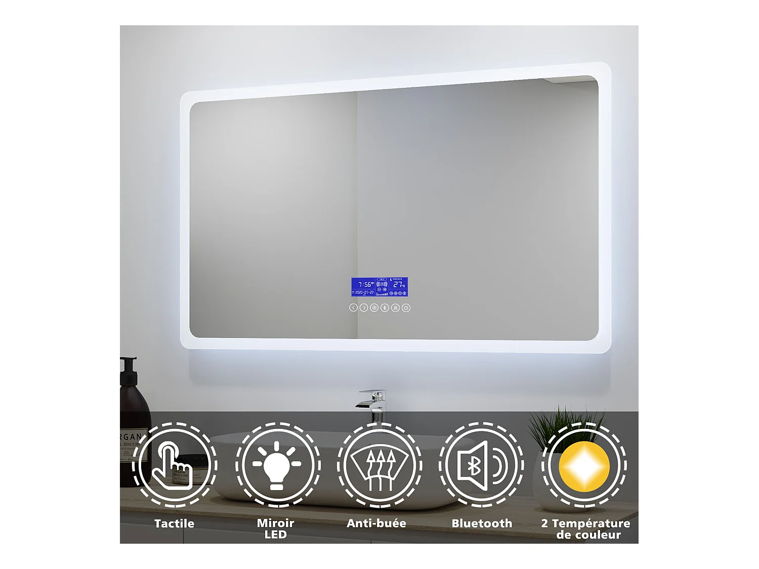 Aica Miroir de salle de bain anti-buée avec Bluetooth, Miroir lumière réglable avec éclairage intégré 70x50cm
