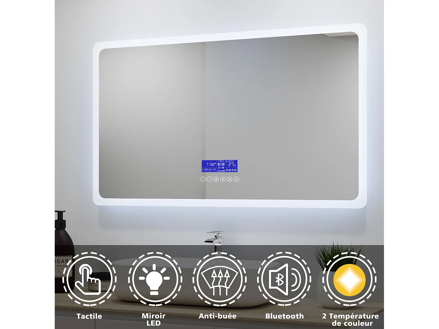 Aica Miroir de salle de bain anti-buée avec Bluetooth, Miroir lumière réglable avec éclairage intégré 70x50cm