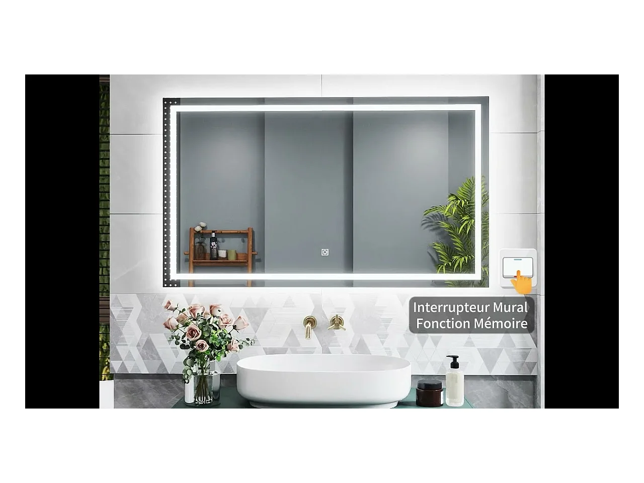 Miroir lumineux l.100 x H.70cm avec Anti-buée, Mural Miroir salle de bain - Aica