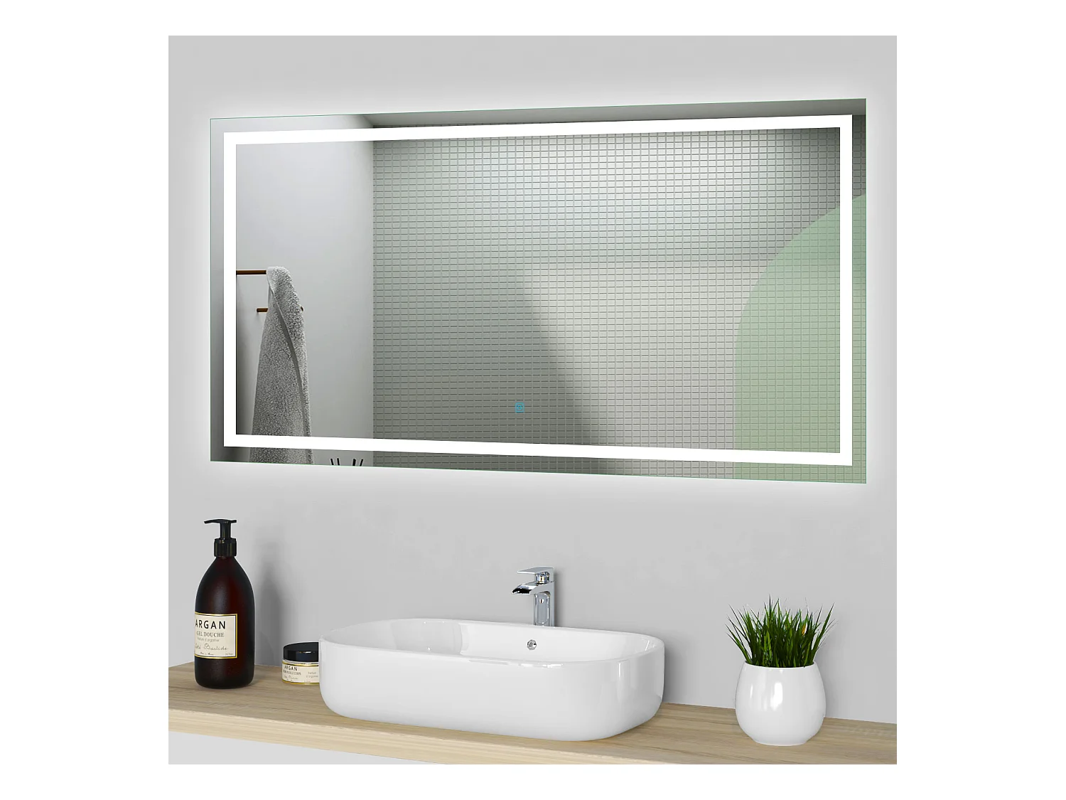 Miroir lumineux l.100 x H.70cm avec Anti-buée, Mural Miroir salle de bain - Aica