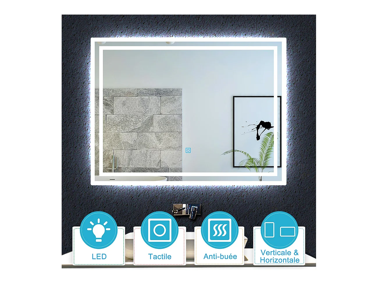 Aica Miroir lumineux avec éclairage intégré, Miroir de salle de bain avec anti-buée, Modèle double contour 60x50cm