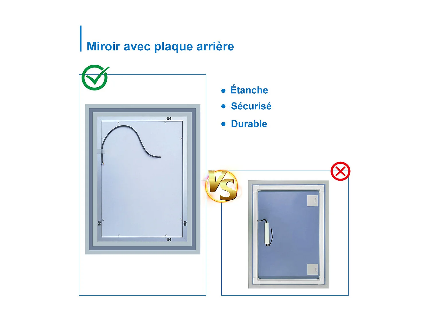 Aica Miroir lumineux avec éclairage intégré, Miroir de salle de bain avec anti-buée, Modèle double contour 60x50cm