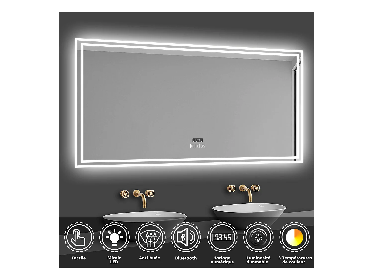 Miroir lumineux avec Bluetooth 100 x 60cm, Miroir de Salle de Bain LED avec Horloge + 3 Couleurs + Dimmable + Anti-buée, Miroir IP44