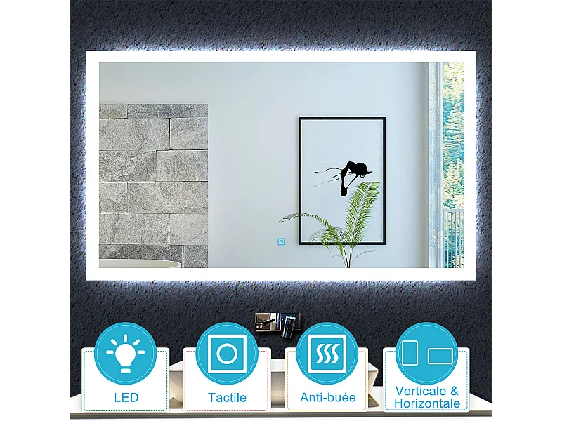 Aica Miroir lumineux avec éclairage intégré avec anti-buée, Modèle soleil 120x70cm