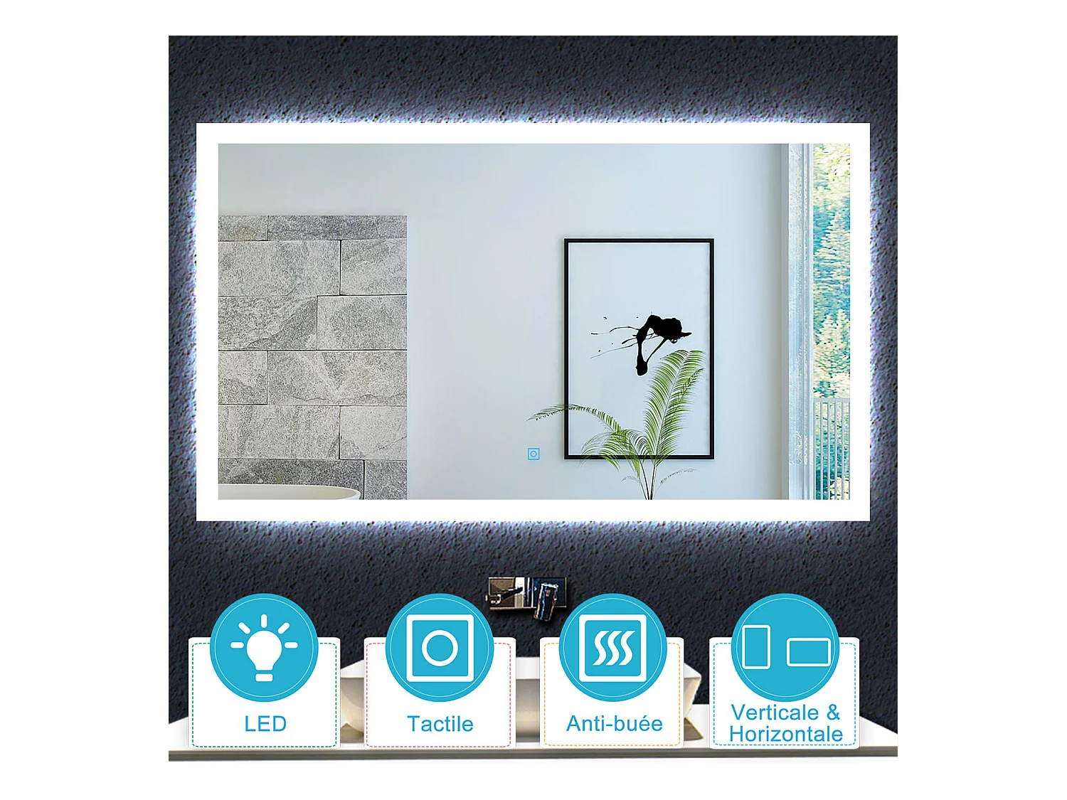 Aica Miroir lumineux avec éclairage intégré avec anti-buée, Modèle soleil 120x70cm