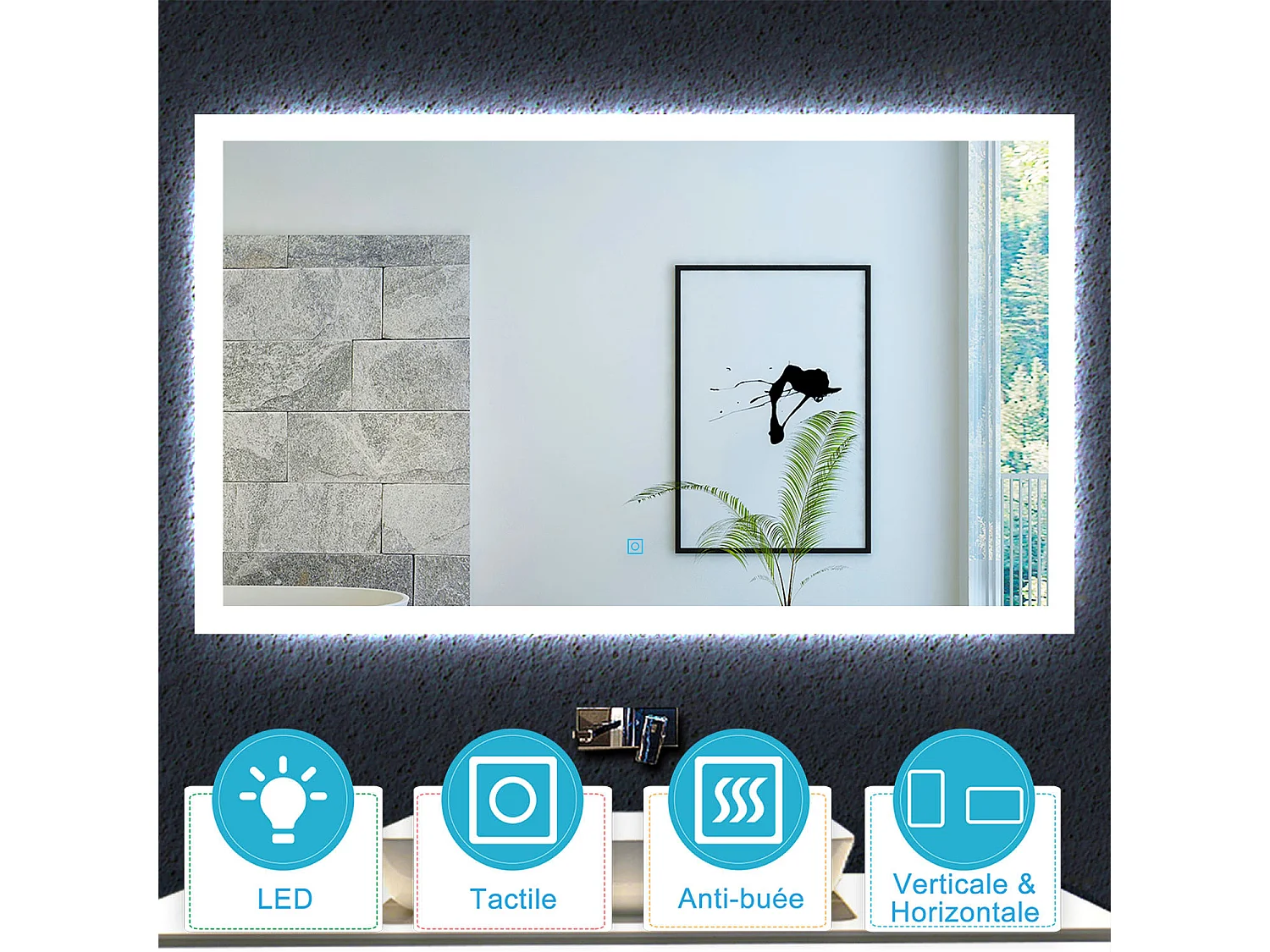 Aica Miroir lumineux avec éclairage intégré avec anti-buée, Modèle soleil 120x70cm